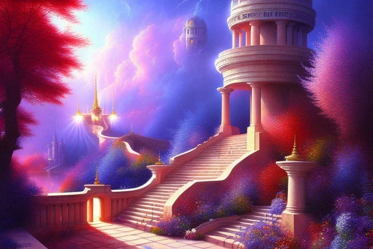 mystical long stairway up to heaven, beautiful colours, romanticism, fantasy, Neo-Impressionism, fine art