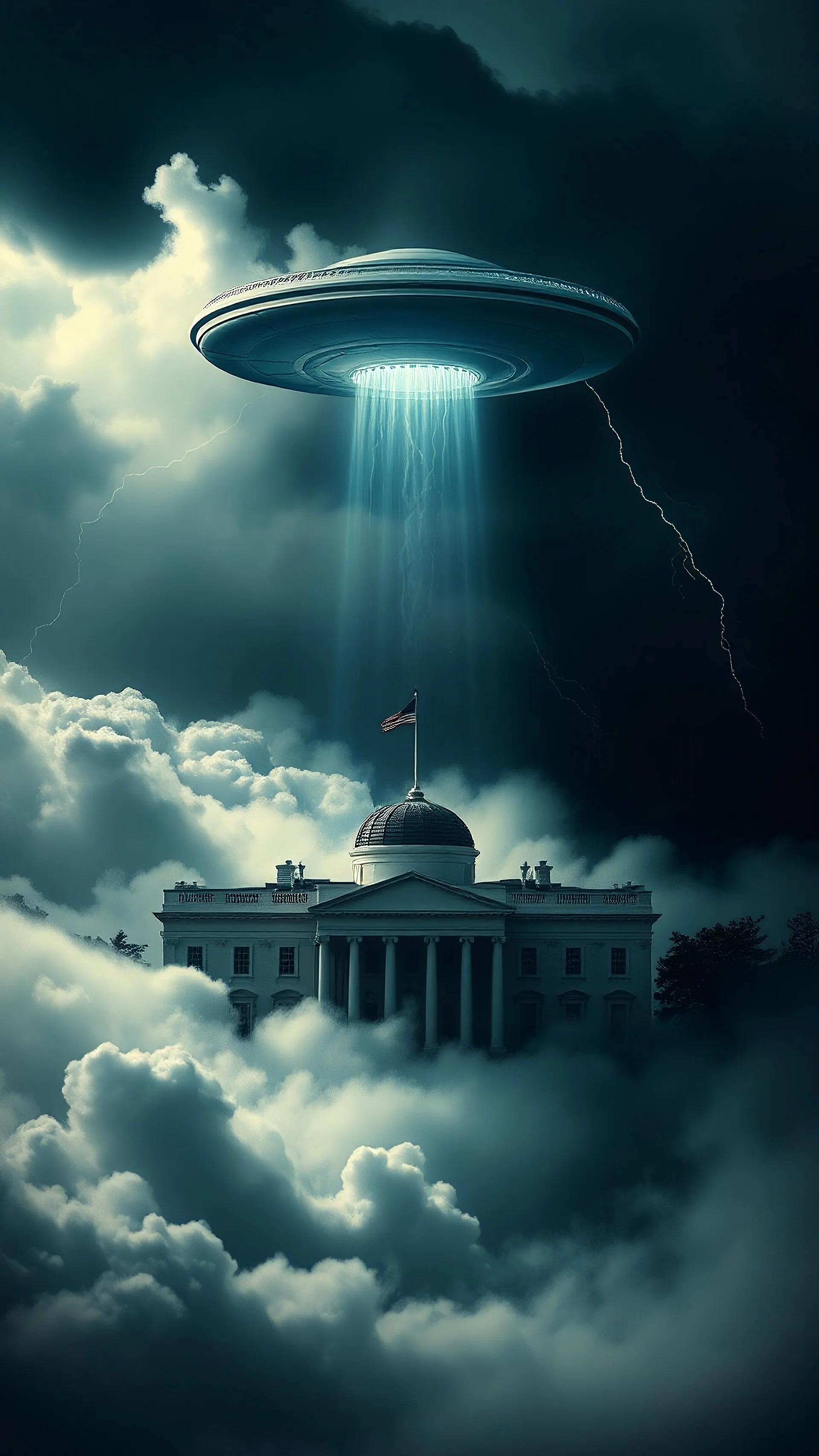 A ufo hovering above the White house hovering above swirling clouds, emerges from the heart of a raging storm. Turbulent winds of steam swirl around the iconic structure, lit by shafts of sunlight that cast dramatic shadows on the A large UFO spacecraft hovering over the pentagon building surrounding clouds. A storm rages and thunder lights up the dark sky,