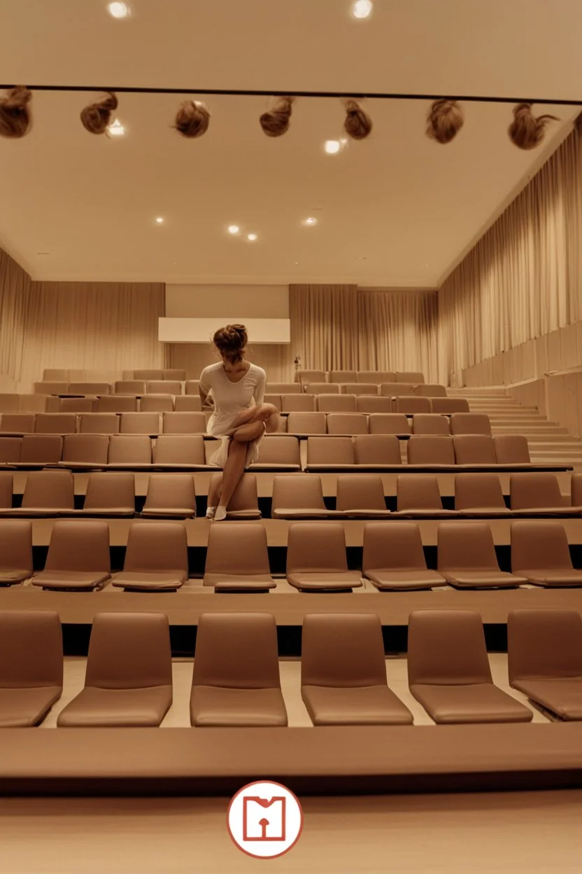 girl with messy bun hitting a punchball. People are sitting around her following the course. She is standing in the middle of the image in the aula.