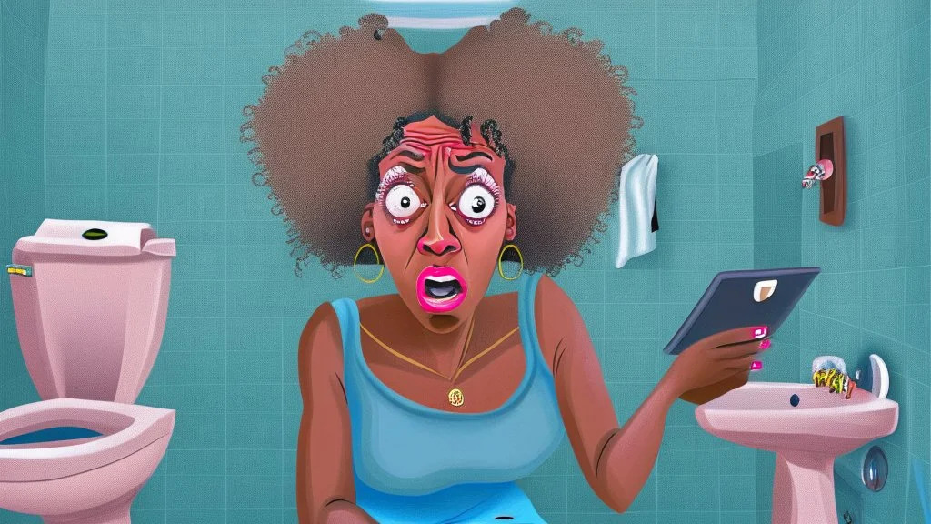 confused black lady with cellphone using the toilet