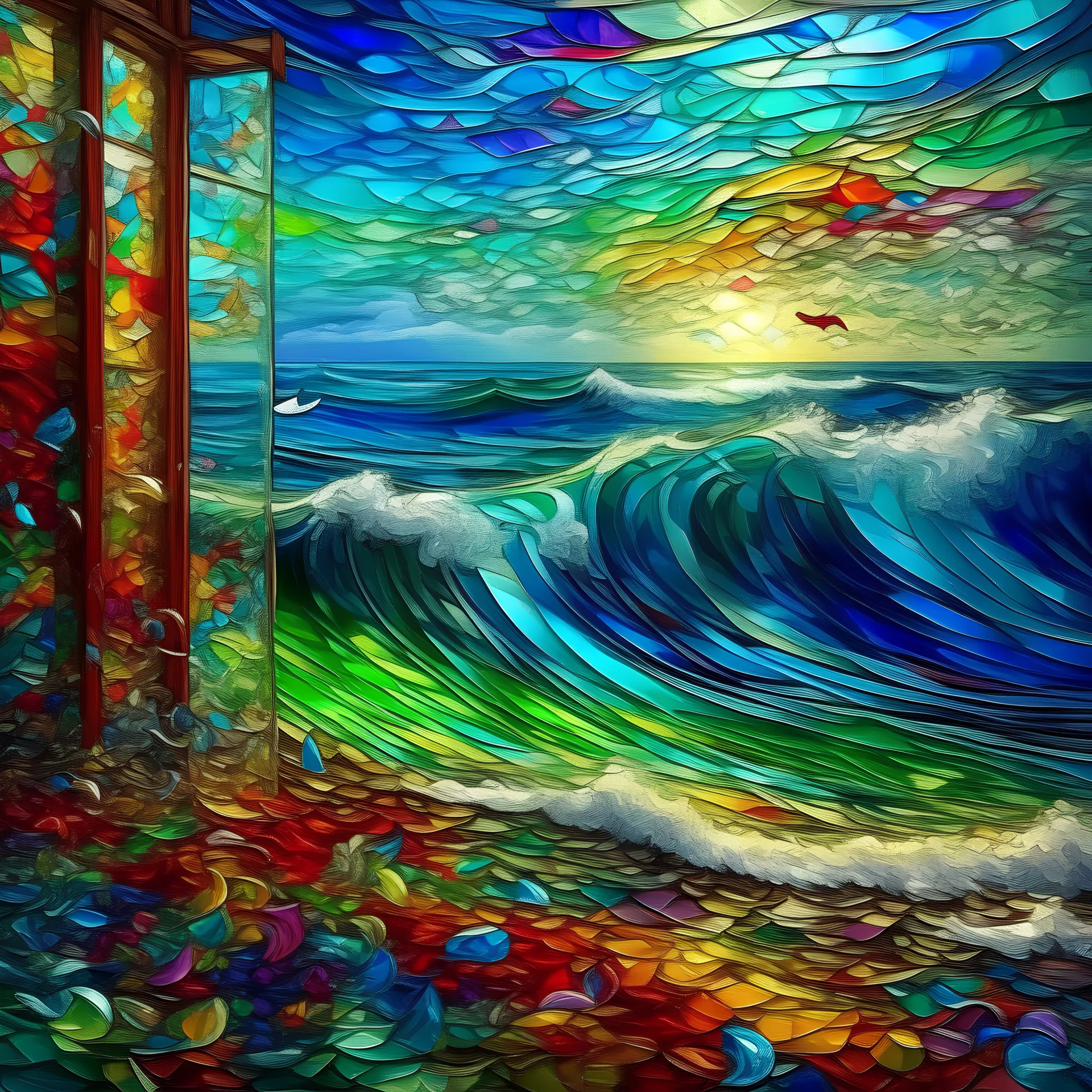 scattered broke colorful glass window by swirlling curling Ocean waves surreal