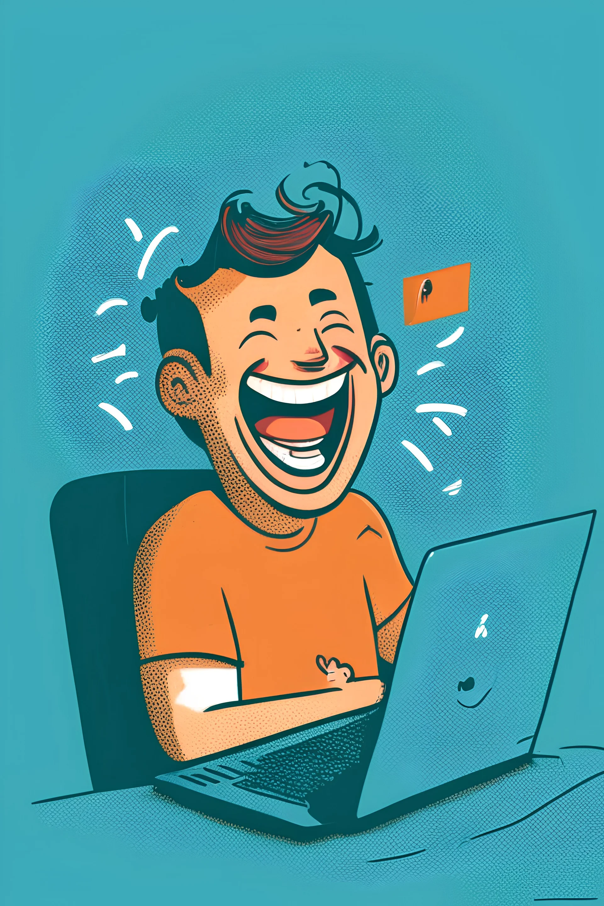 An illustration of a person working in front of a laptop with a happy face and having a good time a man