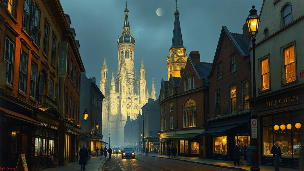 Victorian London street scene, cathedral, authentic, clear night, in the year 1860, style John Atkinson Grimshaw