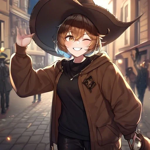 Clear focus, High resolution, short brown spiky hair, hair between eyes, eyes closed, wearing a brown detective hat, wearing a brown jacket and a black shirt, wearing black shorts, 1girl, pulling hat down, smiling, wearing a oversized hoodie