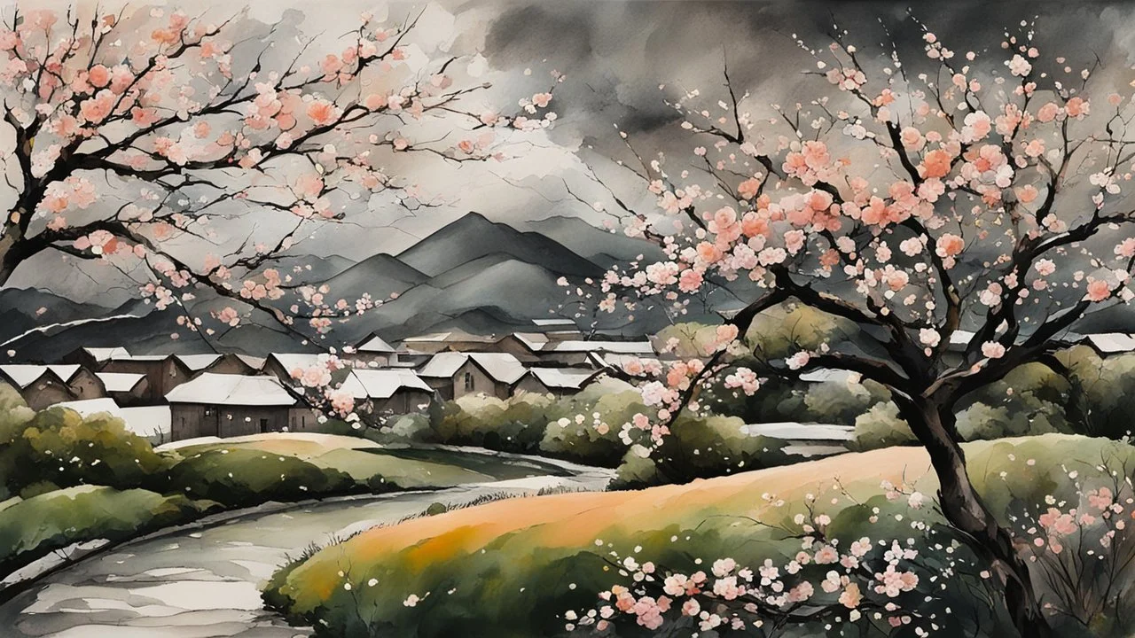 early spring, a Central European garden before imminent storm, strong wind, a peach tree blossom (petals blown in the wind:1.6), intricate detailed acrylic and watercolor and ink, (tint leaks:1.6), dark grey and green and peach blossom colors, harsh contrasts, (wind dynamics:1.6), petals swoosh