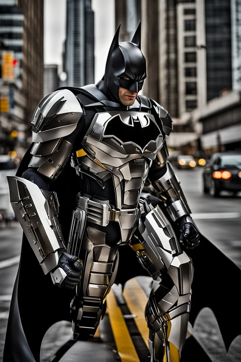 Excited Photography A picture cyber mechines Batman,with surface coated chrome polished details, city background