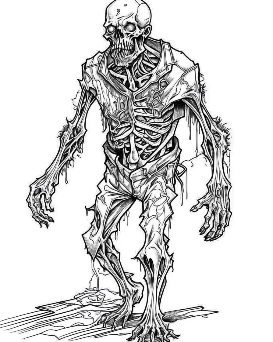 real massive zombie, coloring image, full body (((((white background))))), only use an outline., real style, line art, white color, clean line art, white background, Sketch style