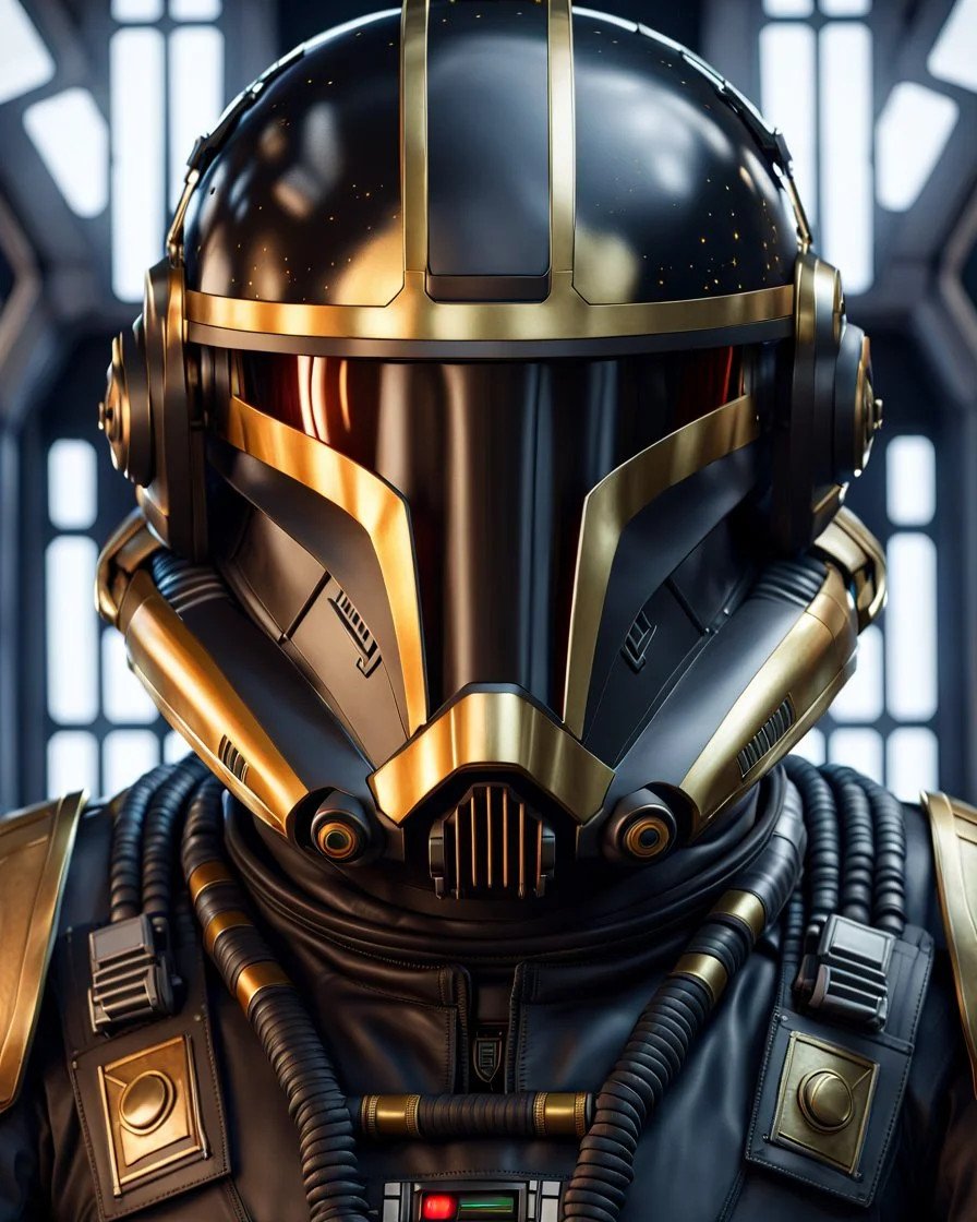 star wars bald male corellian pilot wearing dark gunmetal grey and black First Order special forces TIE pilot armored flightsuit and helmet with gold trim inside the jedi temple, centered head and shoulders portrait, hyperdetailed, dynamic lighting, hyperdetailed background, 8k resolution, volumetric lighting, light skin, fully symmetric details