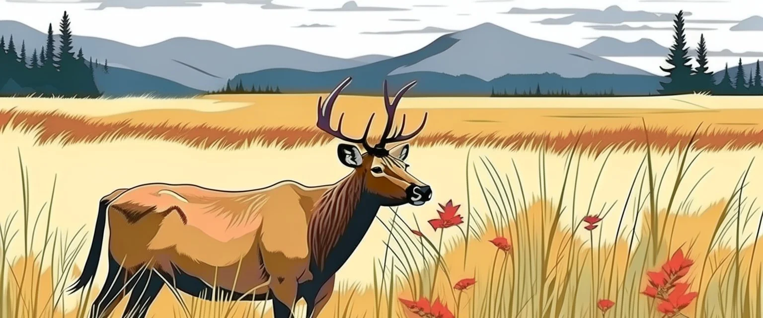 an Elk in a prairie field, wild grasses and bushes in corners of foreground, wildlife illustration