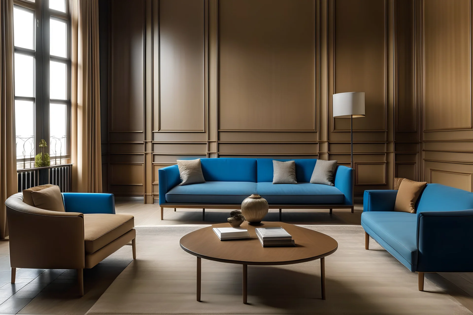 A sitting room consisting of single and double sofas and a table. The floor and walls are in shades of brown and blue.