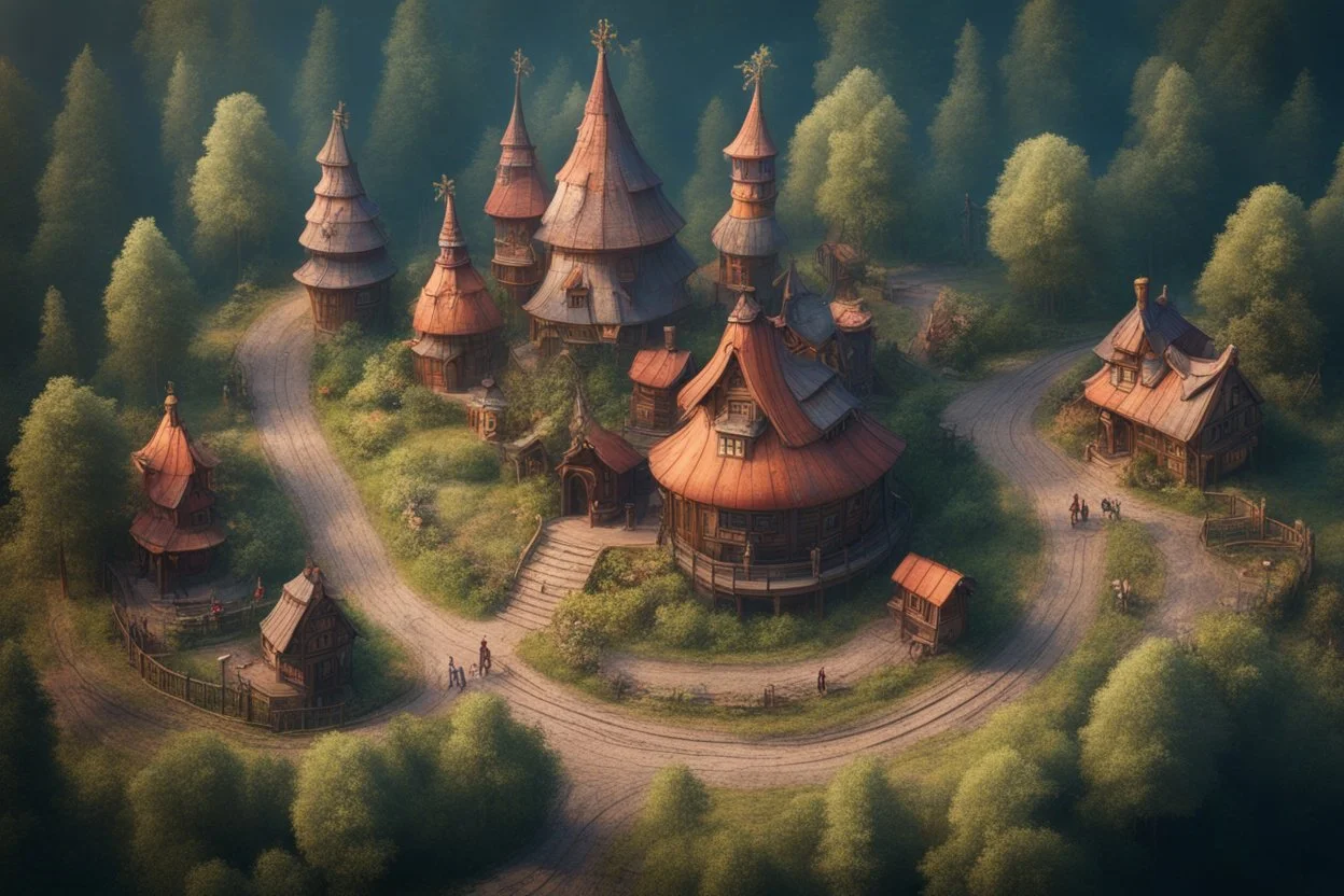 Theme park in the style of Slavic old fairy tales, roads, bird's-eye view, baba Yaga's house forest