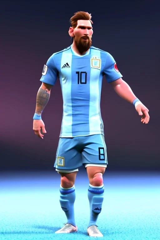 Realistic Messi Argentina soccer player Portrait, mid shot view, concept art, art station, 3d, photo studio, blue clean background, unreal engine 5, ray tracing, RTX, lumen lighting, ultra detail, volumetric lighting.