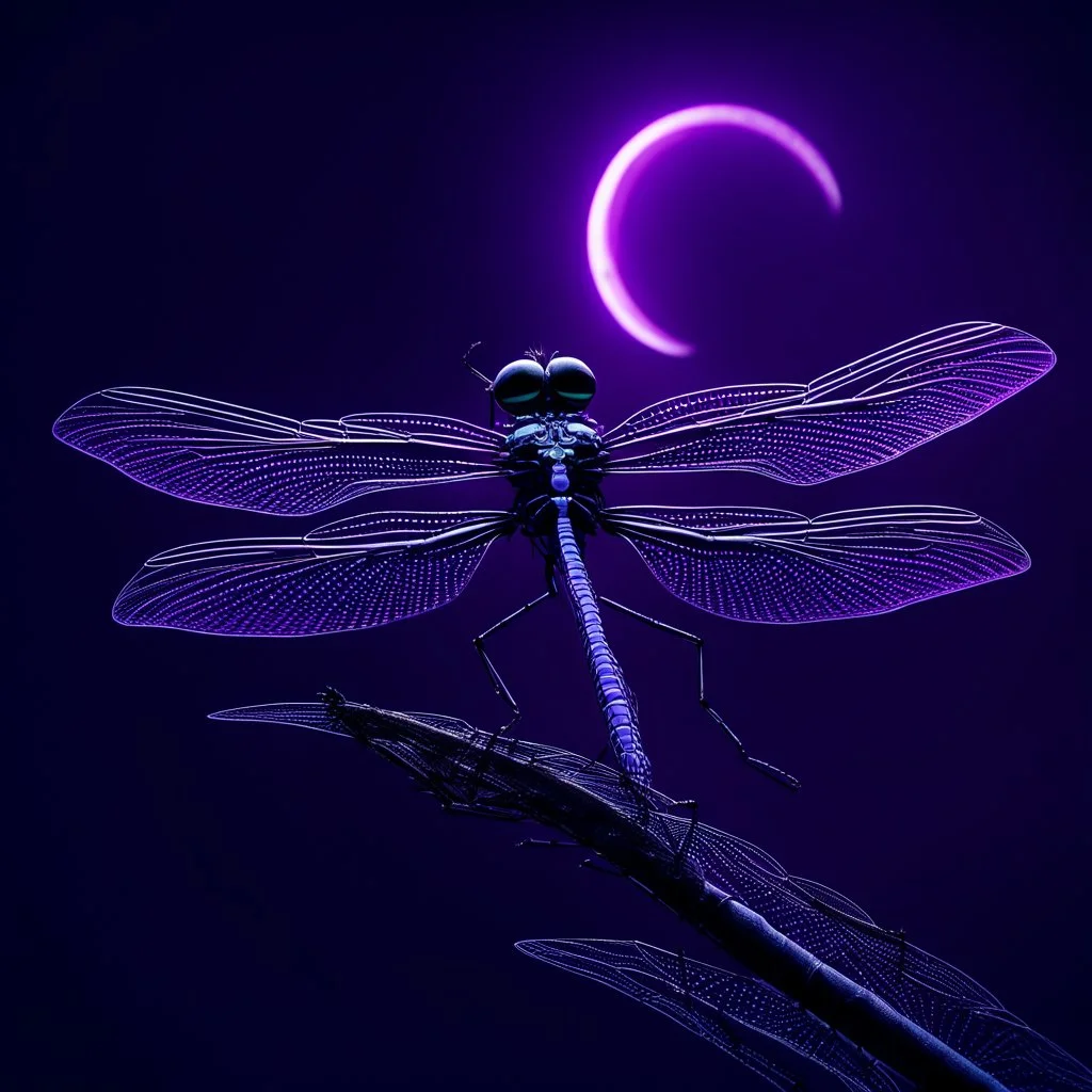 close up portrait from a robotic biomechanical dragonfly with tiny neon lights perches on a biomechanical flower, set against a backdrop of a blurred tiny made metallic crescent moon in a dark purple-black sky. perfect dragonfly body, Both the dragonfly and flower are silhouetted against a pale crescent moon. The overall tone is dark, distopic, dreamlike imagery atmosphere, ethereal silver abstractions, background quantum wavetracing, pale World Wide Web pale thin threads patterns, sci-fi moo