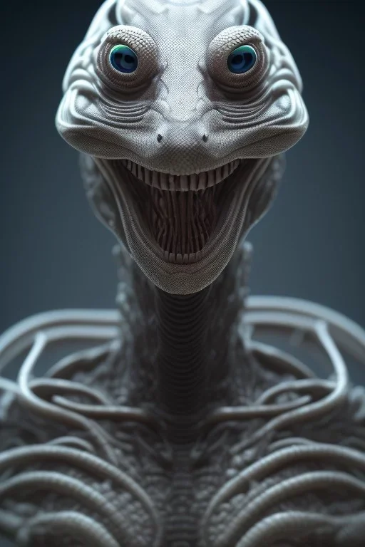 snake alien, head,8 eyes, smile, 8k, with hairs, finely detailed, photo realistic, HR Giger style