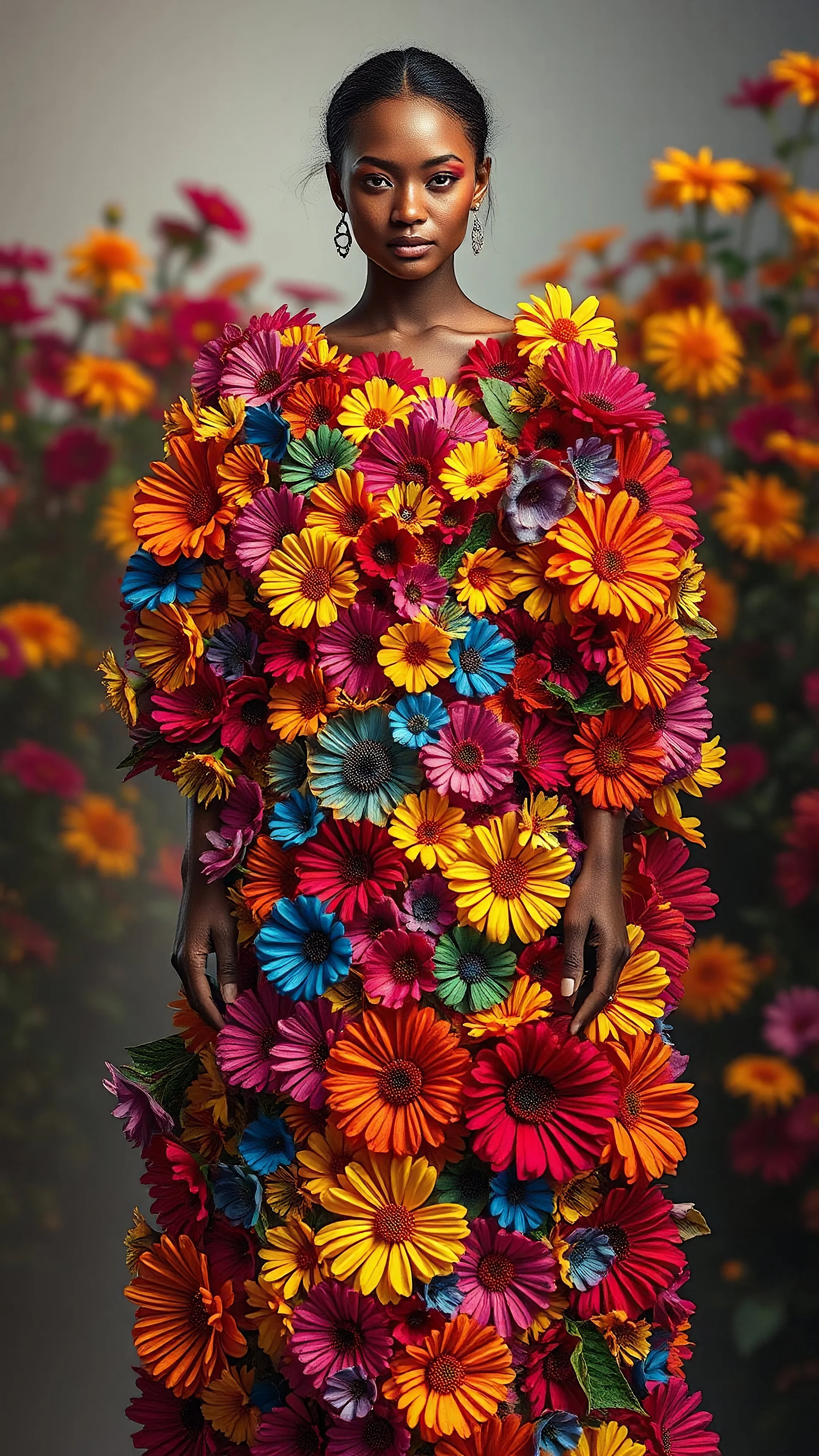 An enchantingly vibrant model stands adorned in a dress crafted from real lantana camara flowers, showcasing a stunning array of colors. The garment exudes an organic feel, with intricate shadows that make the flowers appear almost lifelike. This breathtaking image, be it a photograph or a painting, expertly captures the beauty of nature blended with human artistry. The richness of detail and the high quality of the rendering elevate this piece to a level of exceptional artistry that is sure to