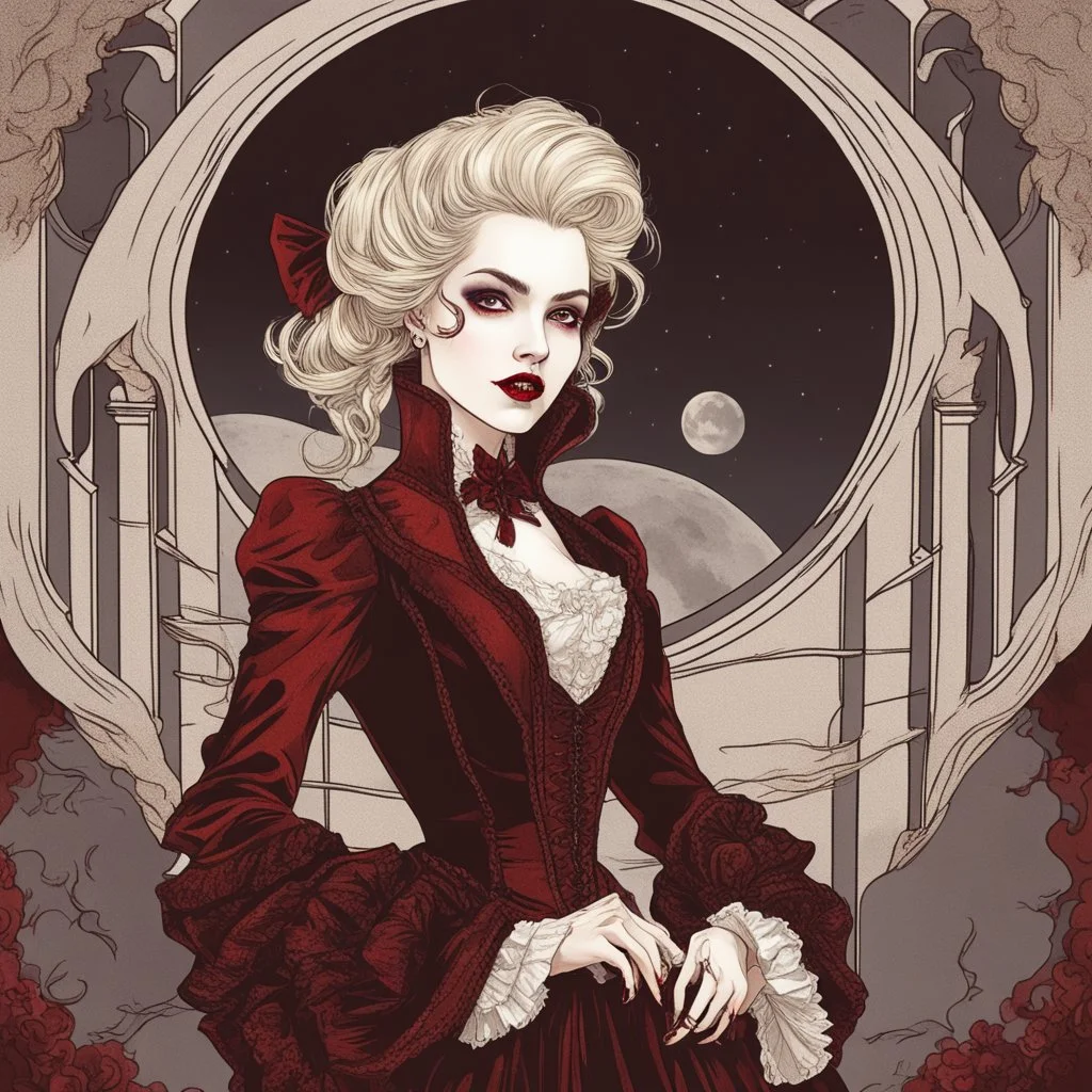 A mysterious and alluring vampire with pale skin, blood-red lips, sharp fangs, dressed in elegant Victorian attire, standing in front of a full moon backdrop.