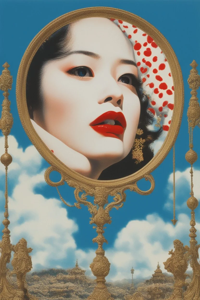 psycho art,cloud in blue sky, a red lip, collage art, shuji terayama, dreamy objects, surreal, criterion collection, showa era, intricate details, mirror