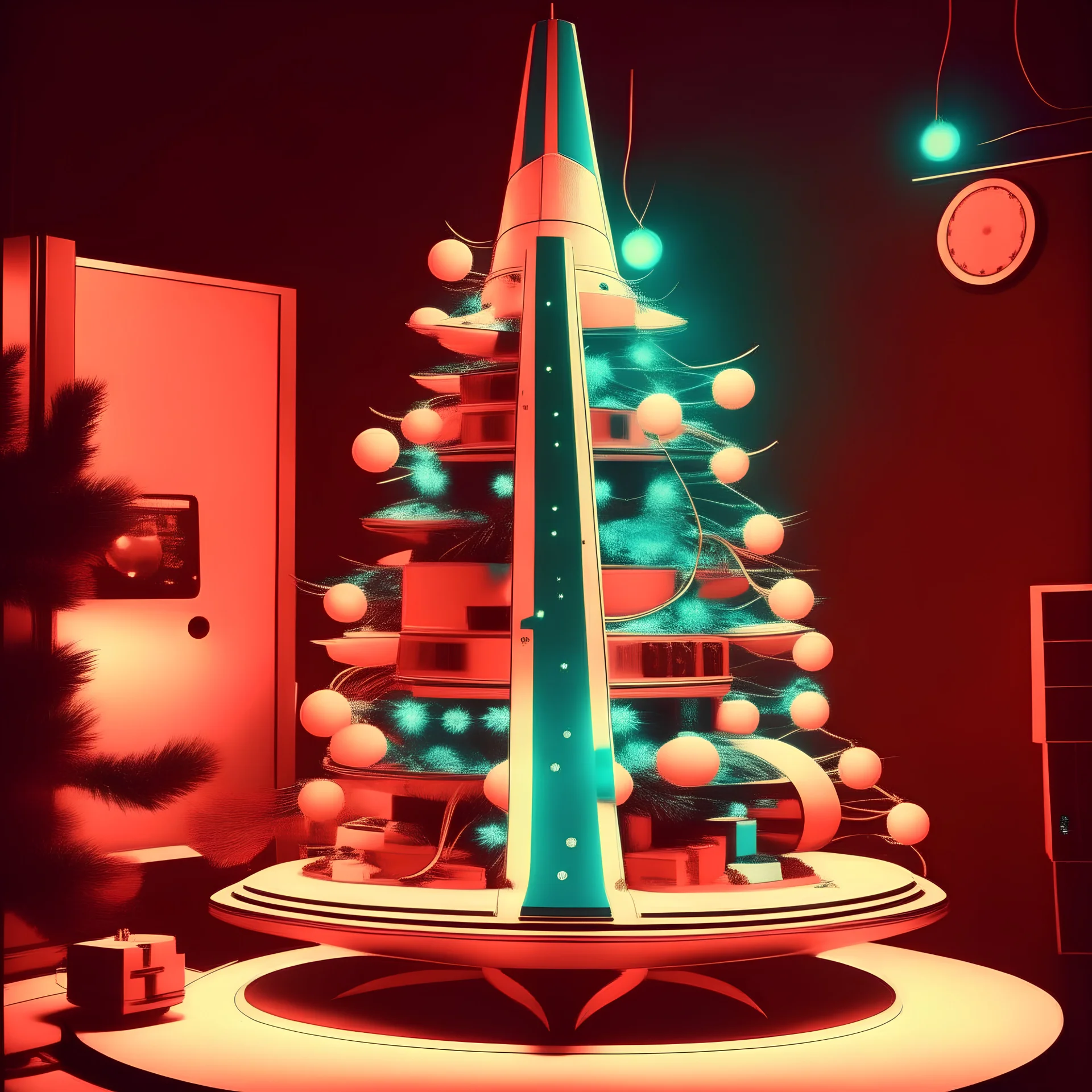 A retro futuristic Christmas tree in the style of vintage kodachrome