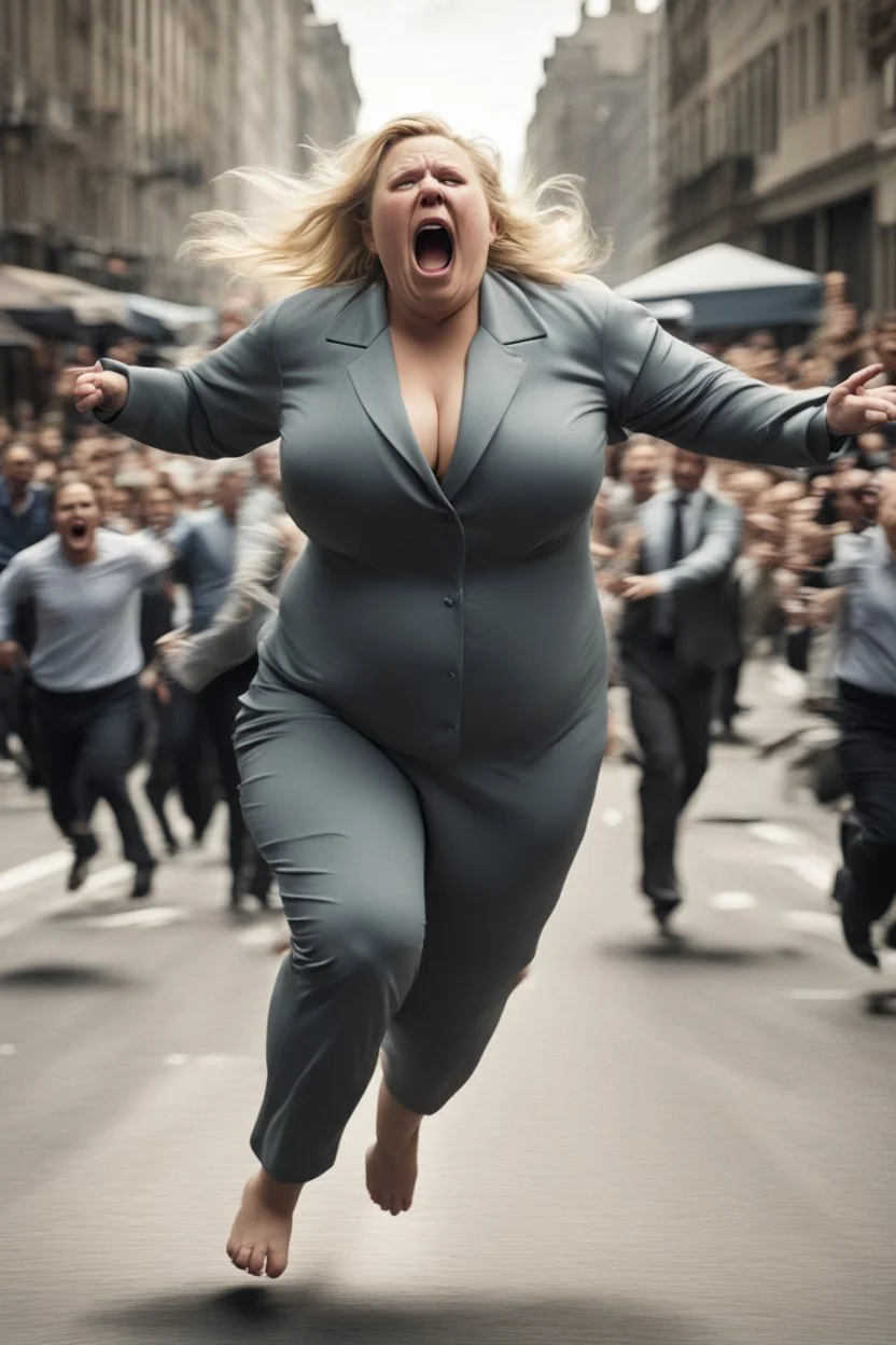 an obese terrified blonde woman crying and sobbing in a pant suit desperately running away from an angry mob of thousands of people chasing her down a city street while she is flailing her arms for dear life