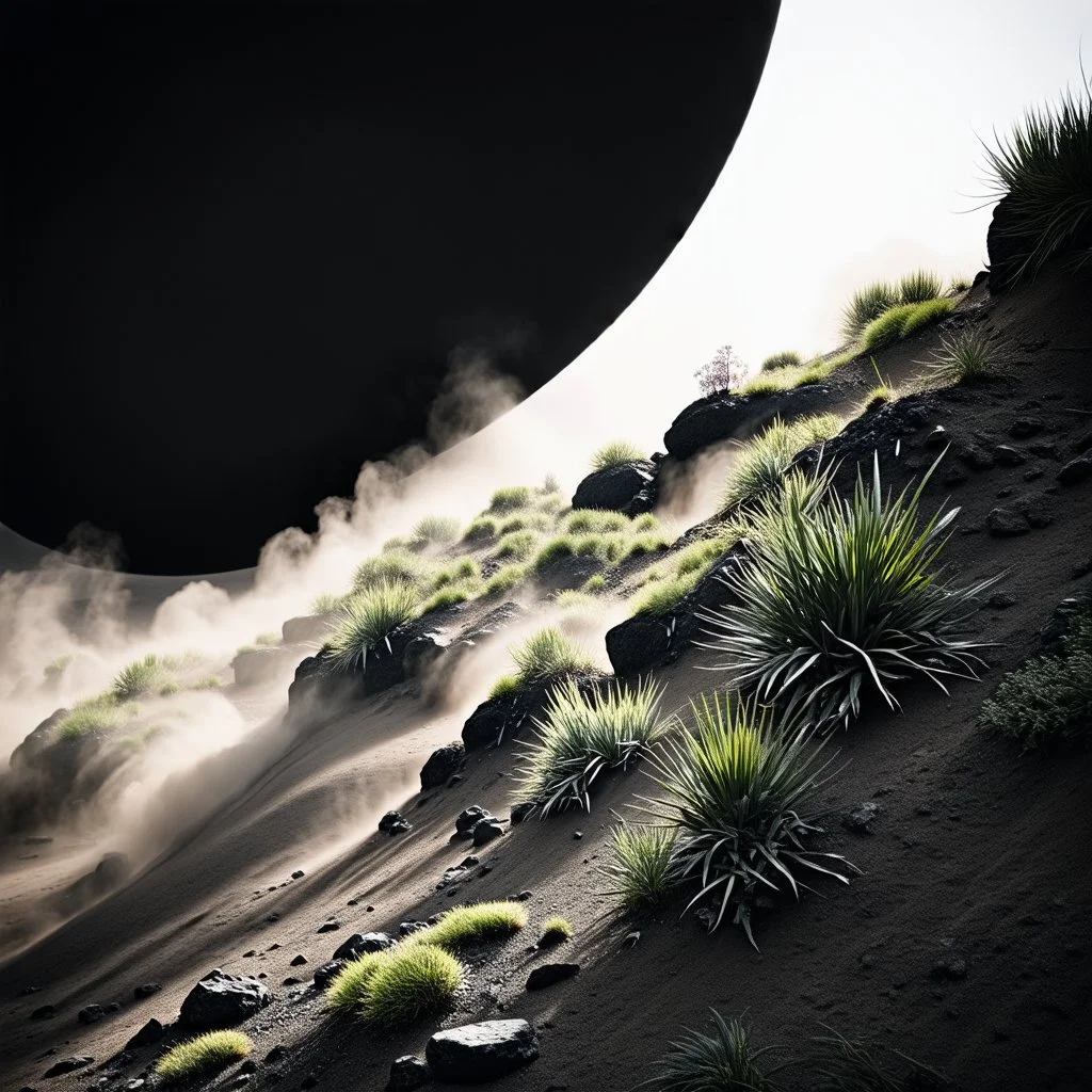 A striking quality photograph captures a steep slope with plants, creepy, details of the dust very accentuated, glossy organic mass, adorned with minerals and rocks. Bathed in intense light, eerie, Max Ernst and Yves Tanguy style, black sun, fog, volumetric light, octane render