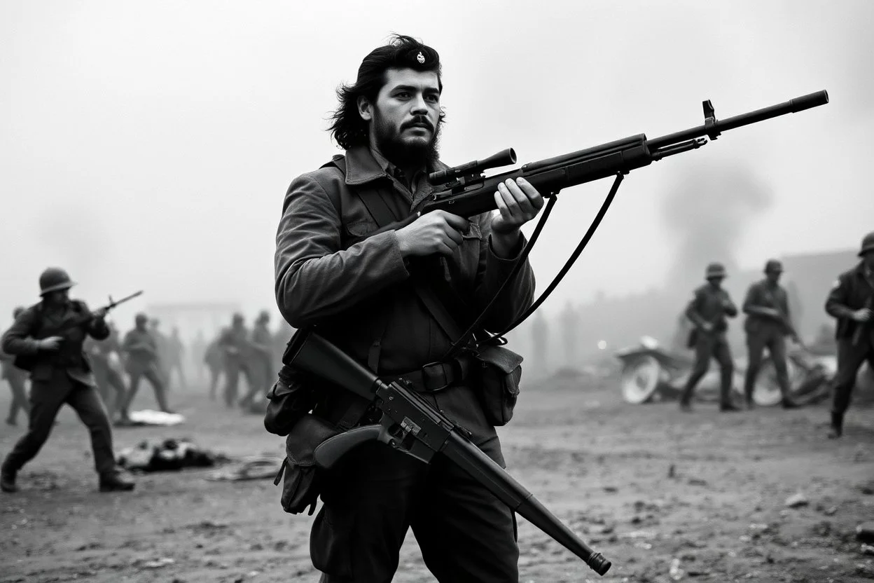 image of Che Guevara standing with heavy gun in hand in a fighting area