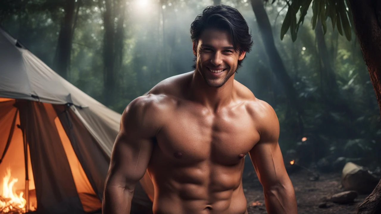 Hyper Realistic close-up-view of an extremely Handsome Muscular Shirtless Young Smiling Man-with-black-hair standing outside his tent & enjoying the nature-view inside a jungle-with-tall-trees & bonfire at dark night showing dramatic & cinematic ambiance