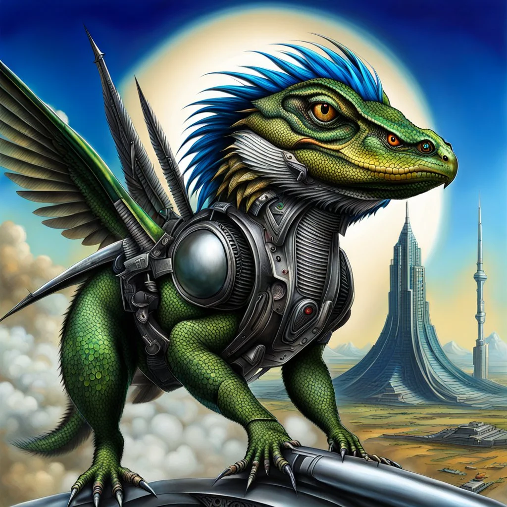 Lucky Stryker, Jet eagle lizard hybrid, biomechanical surrealism,