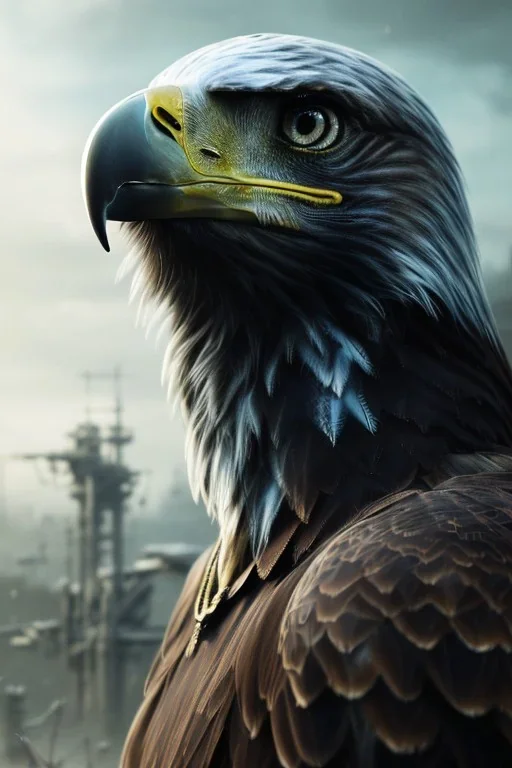 portrait,beautiful eagle robot, post-apocalyptic in a cyberpunk city, realistic, intriacte detail, sci-fi fantasy style, volumetric lighting, particales,highly detailed,cinamatic, deep