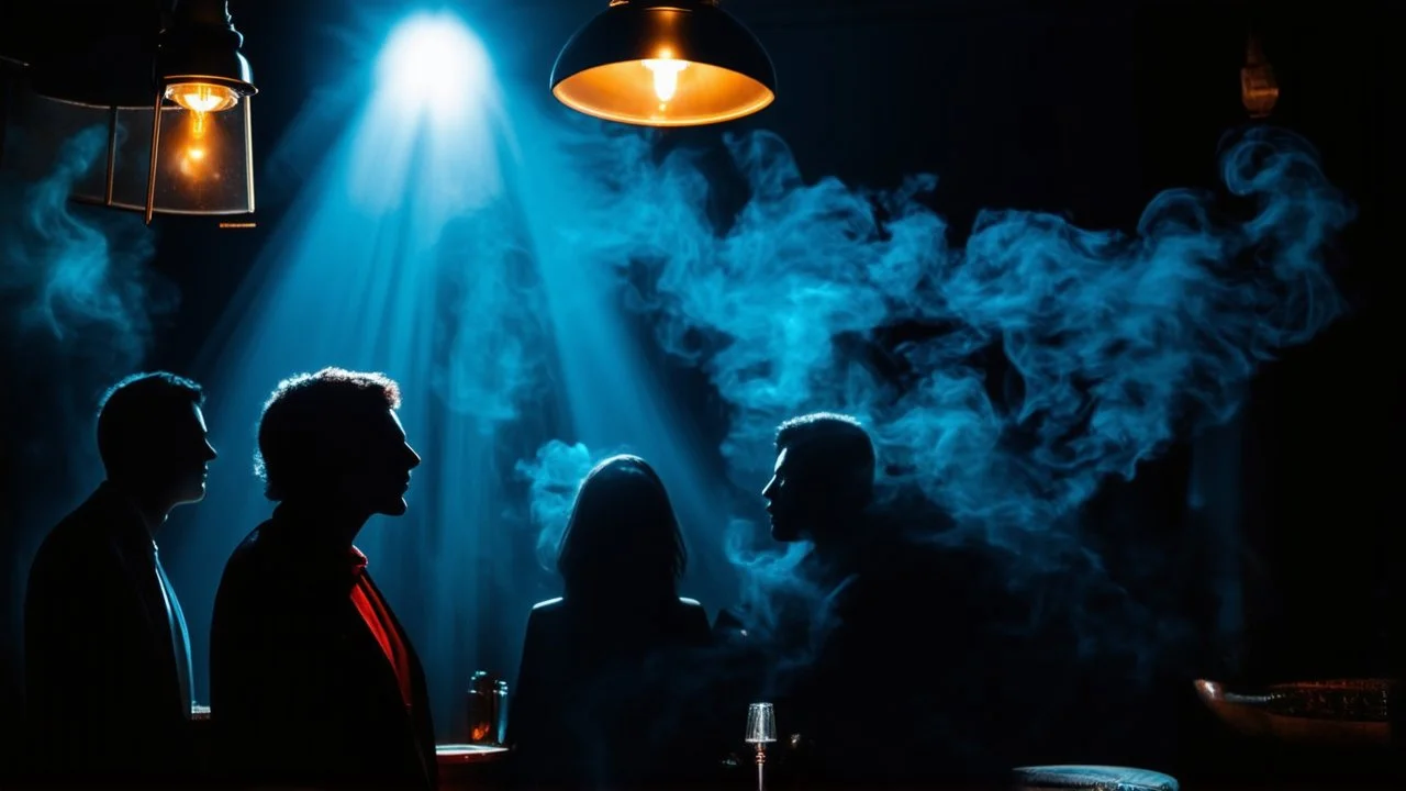 Silhouettes against glowing amber lights in the depths of a cozy jazz club. Fluffy wisps of smoke dance upward in the beams of light, creating an ethereal atmosphere. The warm glow of vintage light fixtures illuminates the space, while deep blue shadows add mystery to the scene.