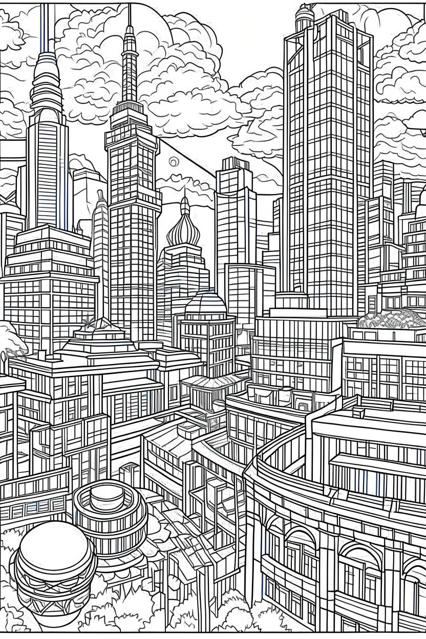 various architectural landmarks and cityscapes, coloring book page, simple and clean line art, adult drawing book, low details, black and white, crisp black lines, no shades, sharp lines, coloring book for adults, cartoon style, landscape