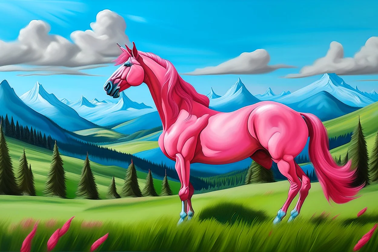 a big plastic pink horse like a 19th painting