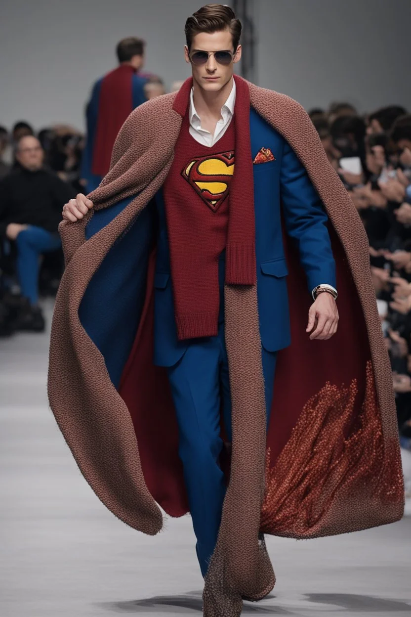 A guy on a fashion runway with Superman invernal clothes style embroidery without cape