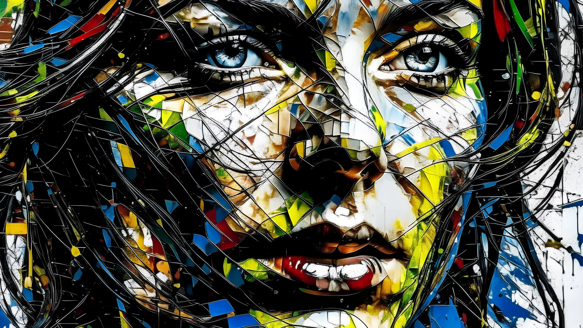 WOMAN'S FACE NEWSPAPER, painting in the style of Jackson Pollock and AWORDIGEME, very cohesive and vibrant, beautiful, amazing quality, trending on artstation, 4k cinematic quality, octane