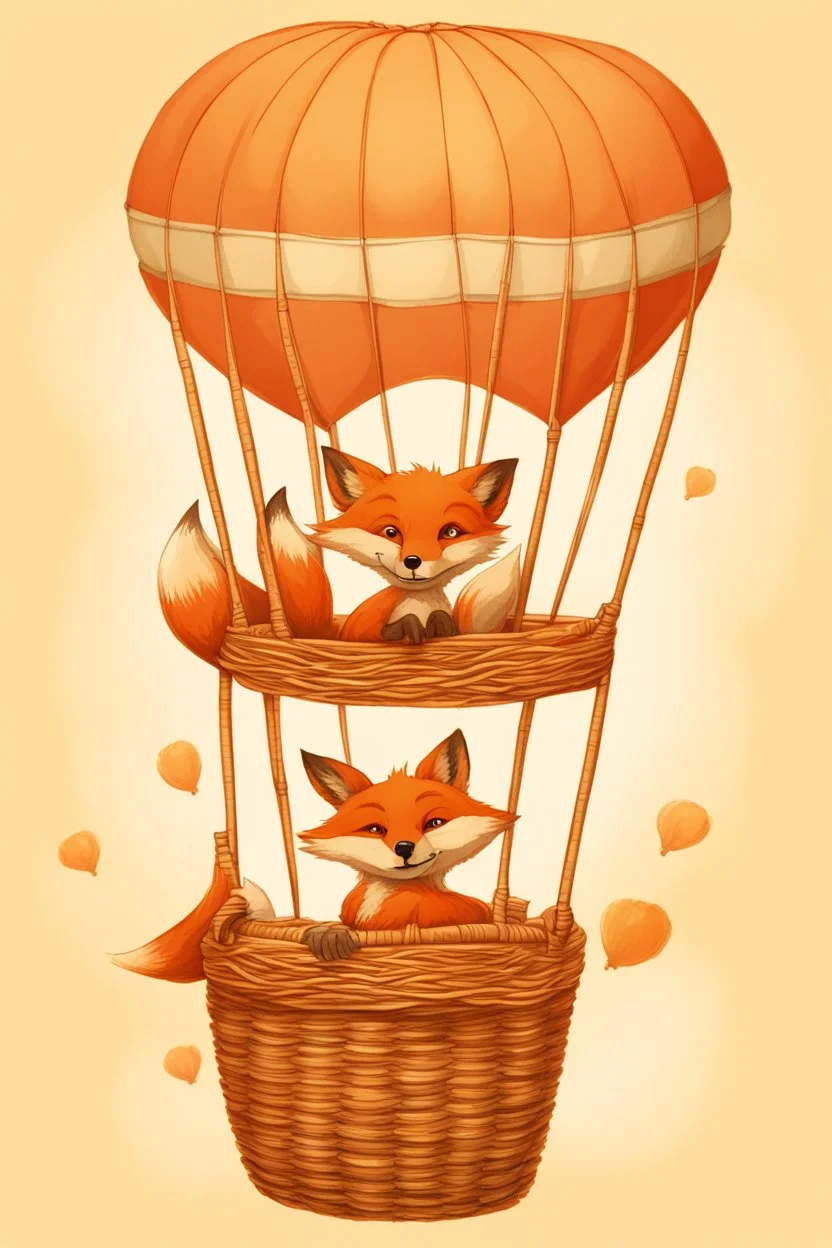 Color illustration of a ultra photo realistic happy red fox sitting "inside" a detailed wicker basket which is hanging below a perfect round orange colored hot air ballon nothing should be hanging from the basket, full image of hot air ballon, every element; fox, wicker basket, ballon should be in proportion to one another, in the background you can see the leaning tower of Piza