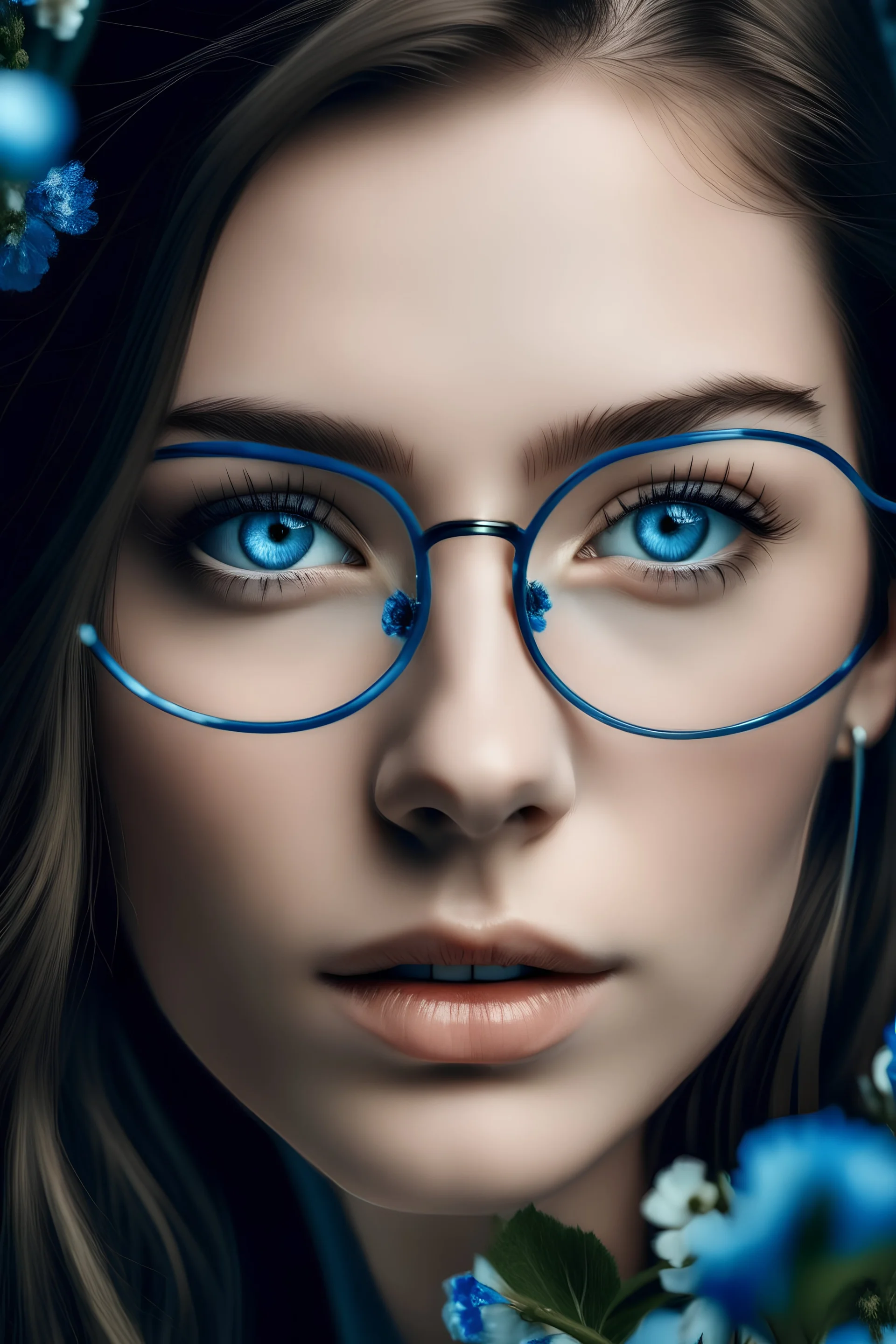 beautiful woman with glasses, has blue open eyes, beautiful flowers surround her face, clear outline, no shadows