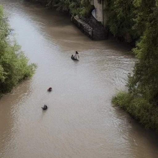 river and dark man shadow flote in sky. many scared people sides of river. river rock . valley .