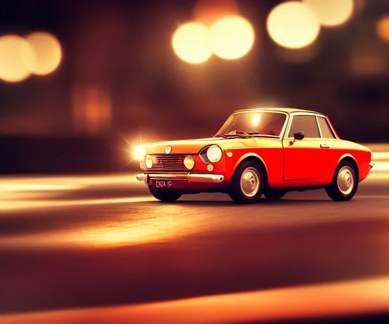 fiat 125p, city. high speed. bokeh. lens flare. warm lights. high detailed. oil on canvas