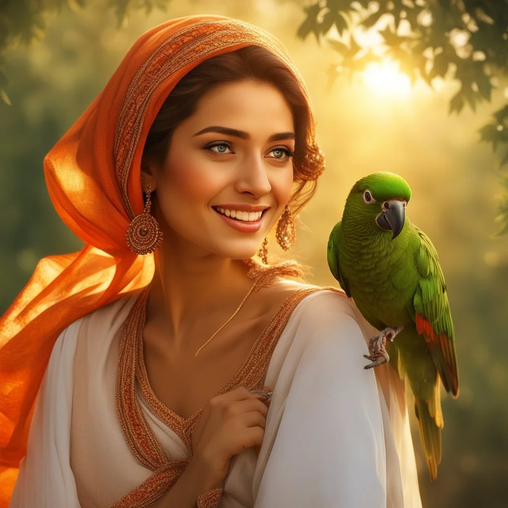 Hyper Realistic close-up-view of a Beautiful-Young-Happy-Pashto-Woman-with-beautiful-eyes-smiling-with-a-parrot, white-dress-&-orange-shawl & breeze-whirling in a jungle-with-tall-trees & cloudy-sunset-&-sun-rays showing dramatic & cinematic ambiance