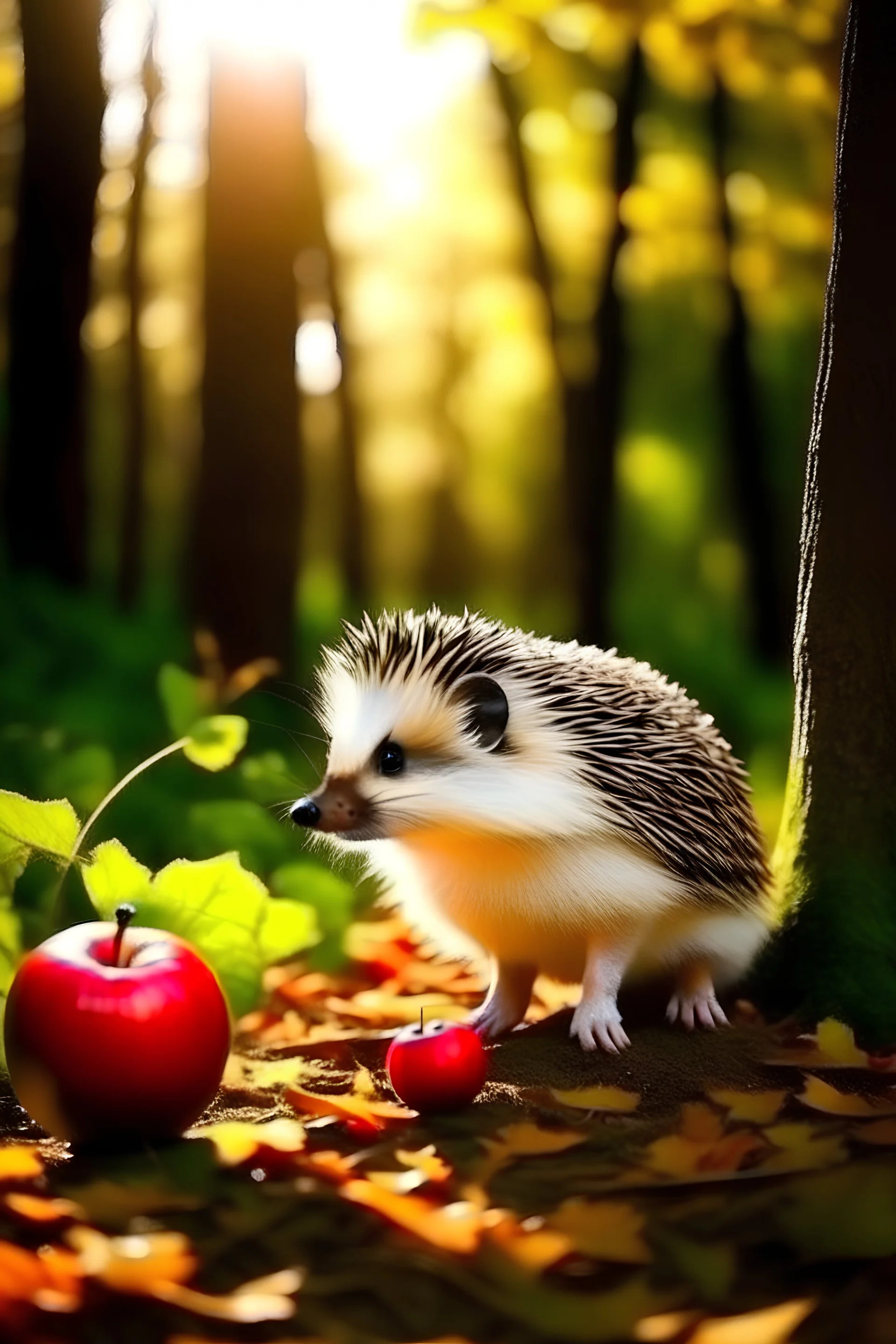 little pretty hedgehog in sunny forest with apple