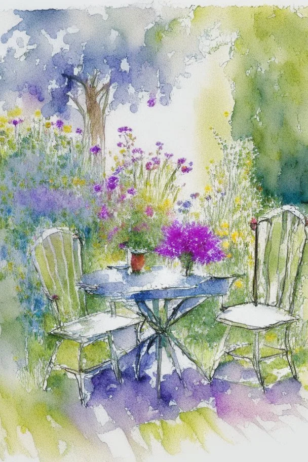 abstract watercolour english cottage garden with table and 2 chairs in the style of jean haines, centred