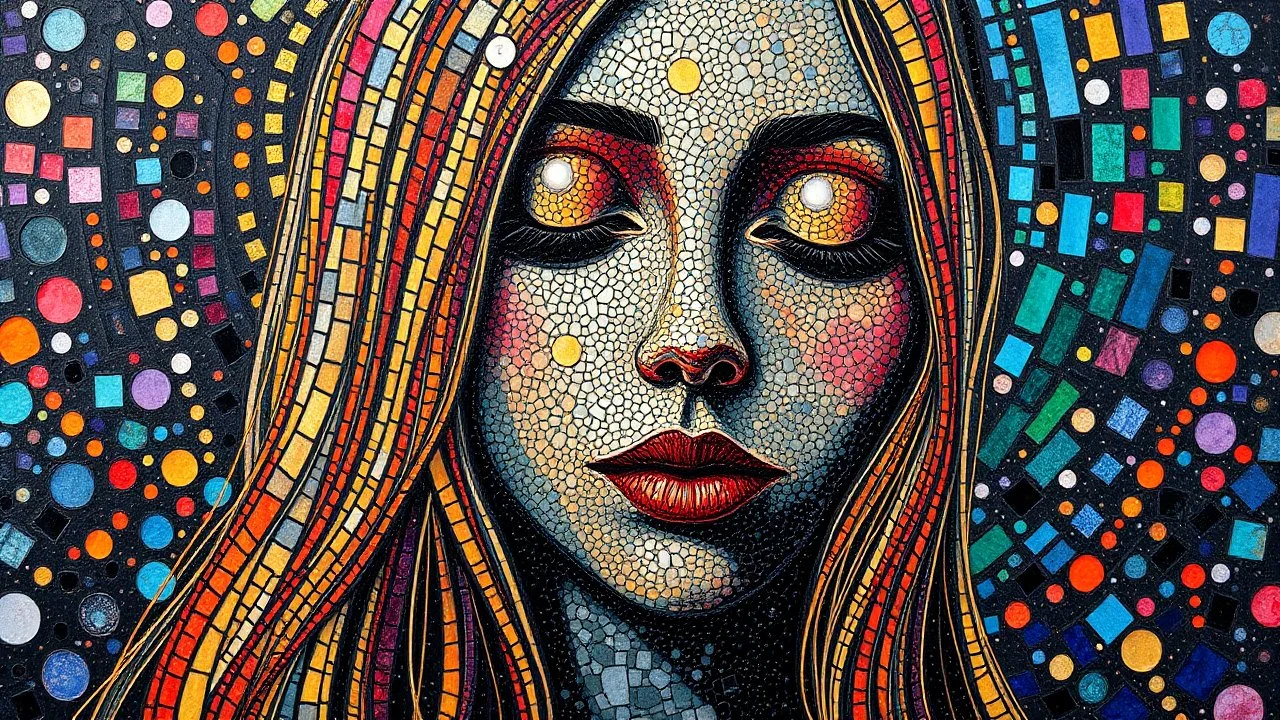 masterpiece Impasto style oil painting of creating figure full an girl the face is made of granite terrazzo motifs black with textured brush strokes, long hair is made of immersive experience, intricate and detailed, trippy psychedelic Pointillist bright, lively and colorful explosions mirrors dry, and closed eyes. Cubist granite abstract descending from a amazing stained glass spirograph sheets slanted ribbon lines, a sheets spiral geomatrical, Express live brushwork brings depth and texture to