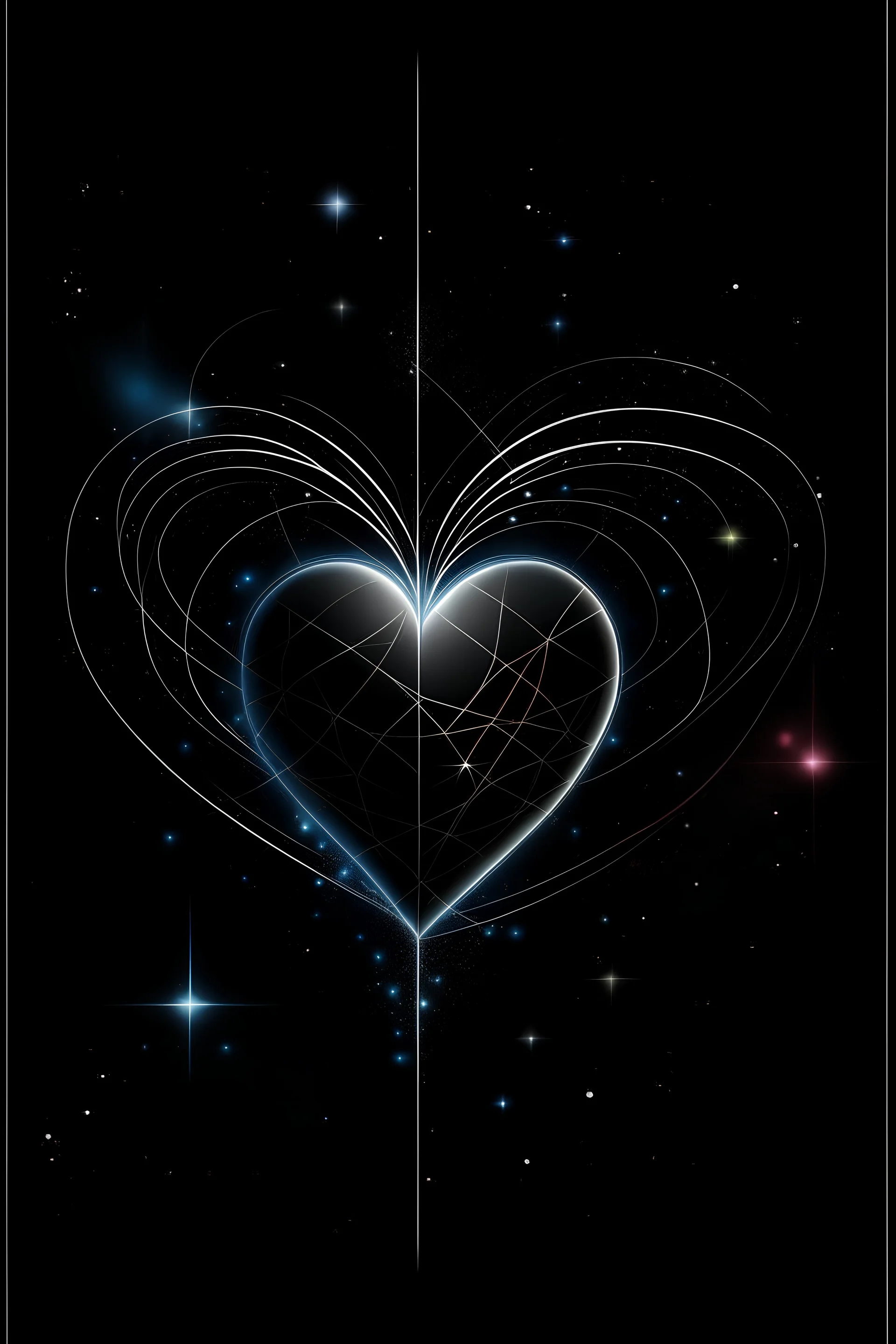 romantic book cover refrencing a heart, stars, lightning, and science on a black canvas