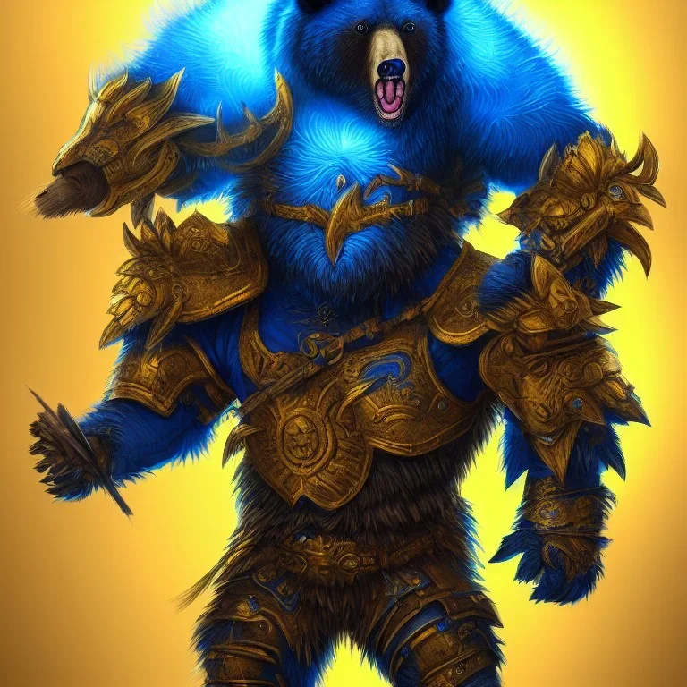 An angry bear warrior in blue and gold armor, background of Inka jungle, high detail, smooth, realistic, digital illustration, Artstation, artgerm,