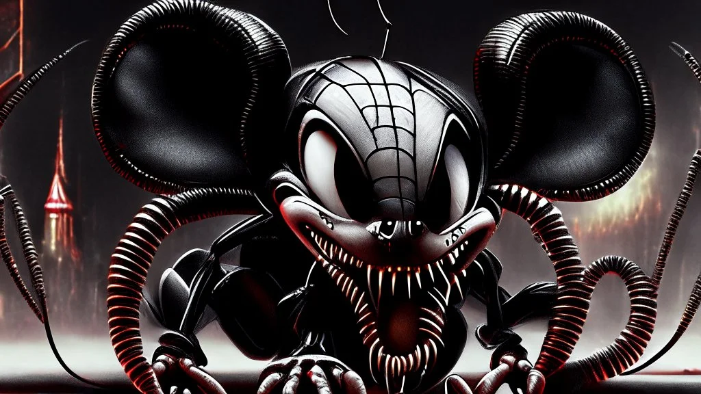 a spider mickey mouse hybrid, photorealism, movie screen capture, horror, sci-fi, retrofuturism, evil, demon-like