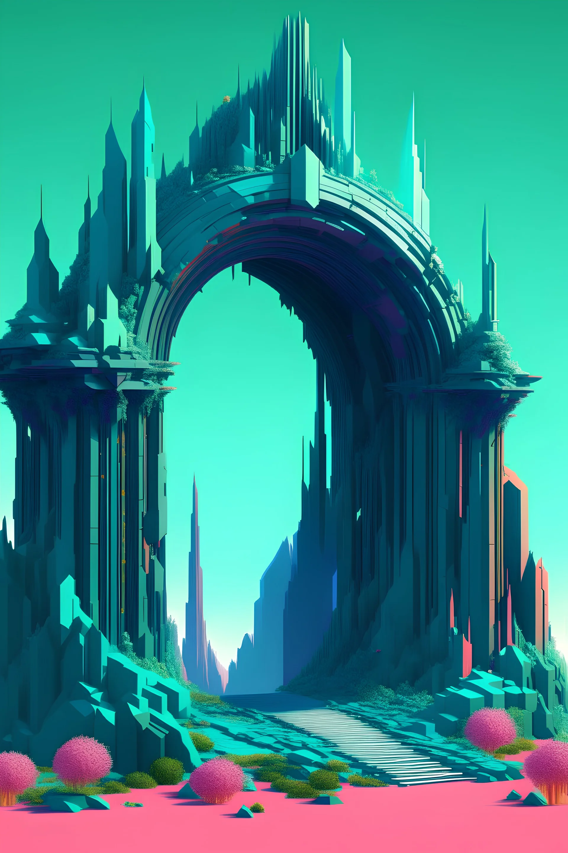 Generate a fantasy landscape with some sort of unique large structure and cool colours and a unique portal in a blocky style