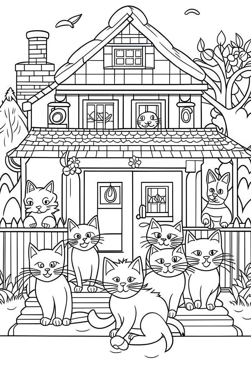 coloring page for kids, Cats in the house, cartoon style, thick lines, low detail, no shading