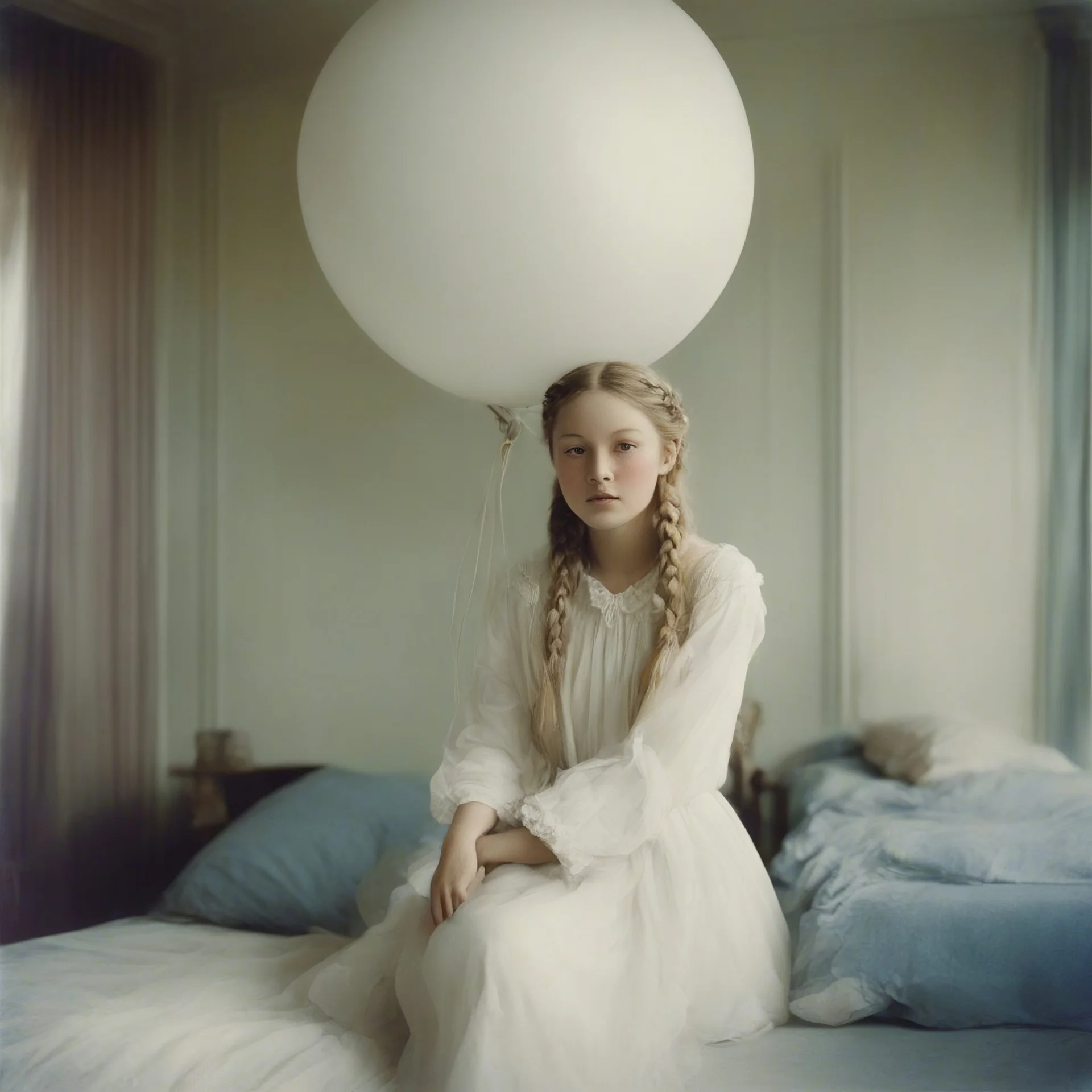 Old autochrome of devon aoki , white braids., ,in a bedroom, in 1901, beach balloon
