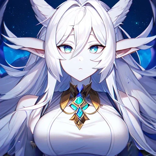 cosmic mage, elf, female, battle mage, epic, cosmic magic, long ears, white hair, face details, pale skin, jewellery, broad shoulders, sharp ears, cosmic clothes, cosmic eyes, ears shown, light out of eyes, the cosmos in eyes, stars in eyes, shining eyes, non human face, thin face, animation, detailed ears, magical eyes, non realistic, closed mouth, bigger make up, smiling face