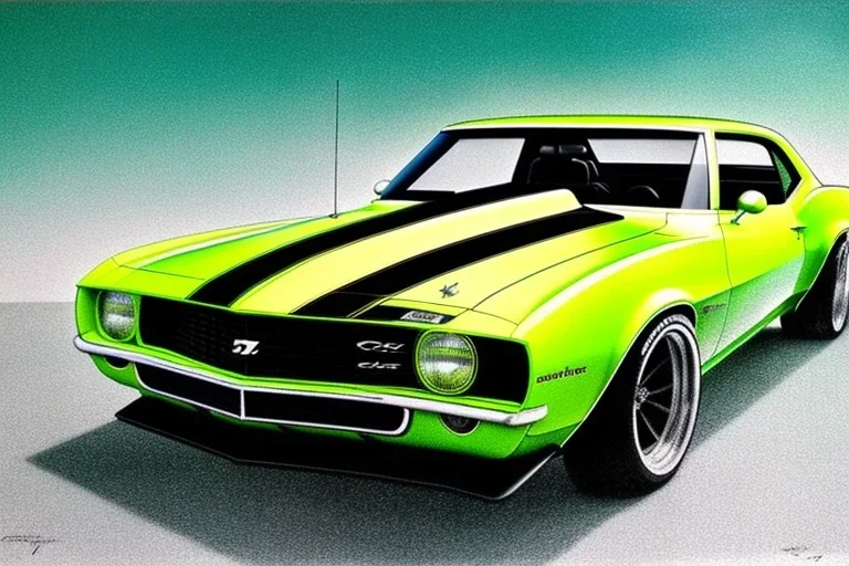 a true-to-life 1969 chevrolet camaro pro touring widebody, two-tone paintwork, classic hotrod wheels, detroit steel wheels, pen and color marker, centered, intricate, extreme detailed, photorealism, center view, stylized random background, pivot on camaro, painting by cheryl kelley