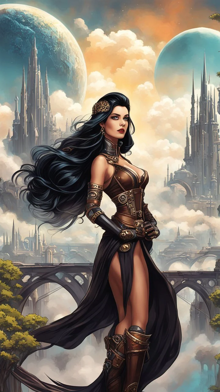 exotic sci-fi steampunk pin-up girl, with long dark hair, on an sci-fi planet with cloud trees, tall spires, buildings, bridges, arches